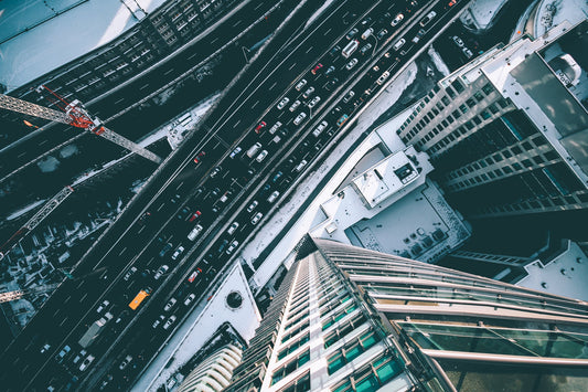 Traffic seen from above with cars on every side