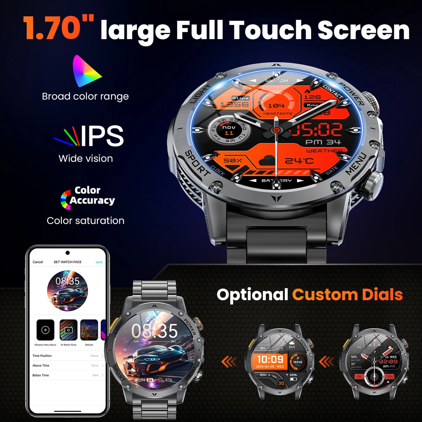 2026 Military Smart Watch Men 1.7" HD Screen 1000Mah 100+ Sport Modes Bluetooth Call Flashlight 24H Health Monitor Waterproof Smartwatch