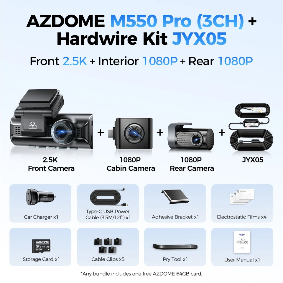 AZDOME M550 Pro 3-channel 4K dash cam with GPS and 5GHz WiFi