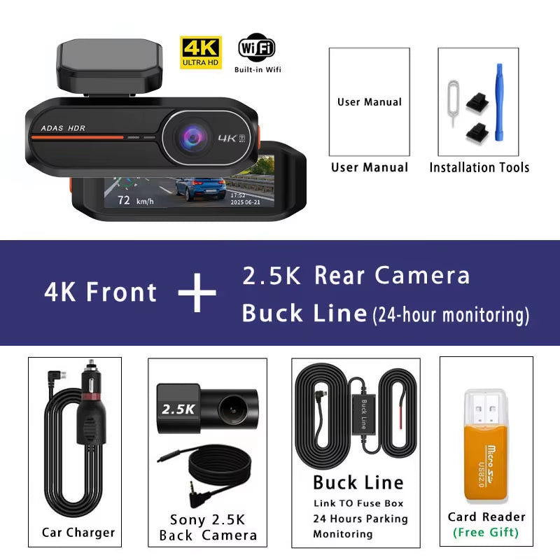 4K dash cam with optional 2.5K rear camera and WiFi app