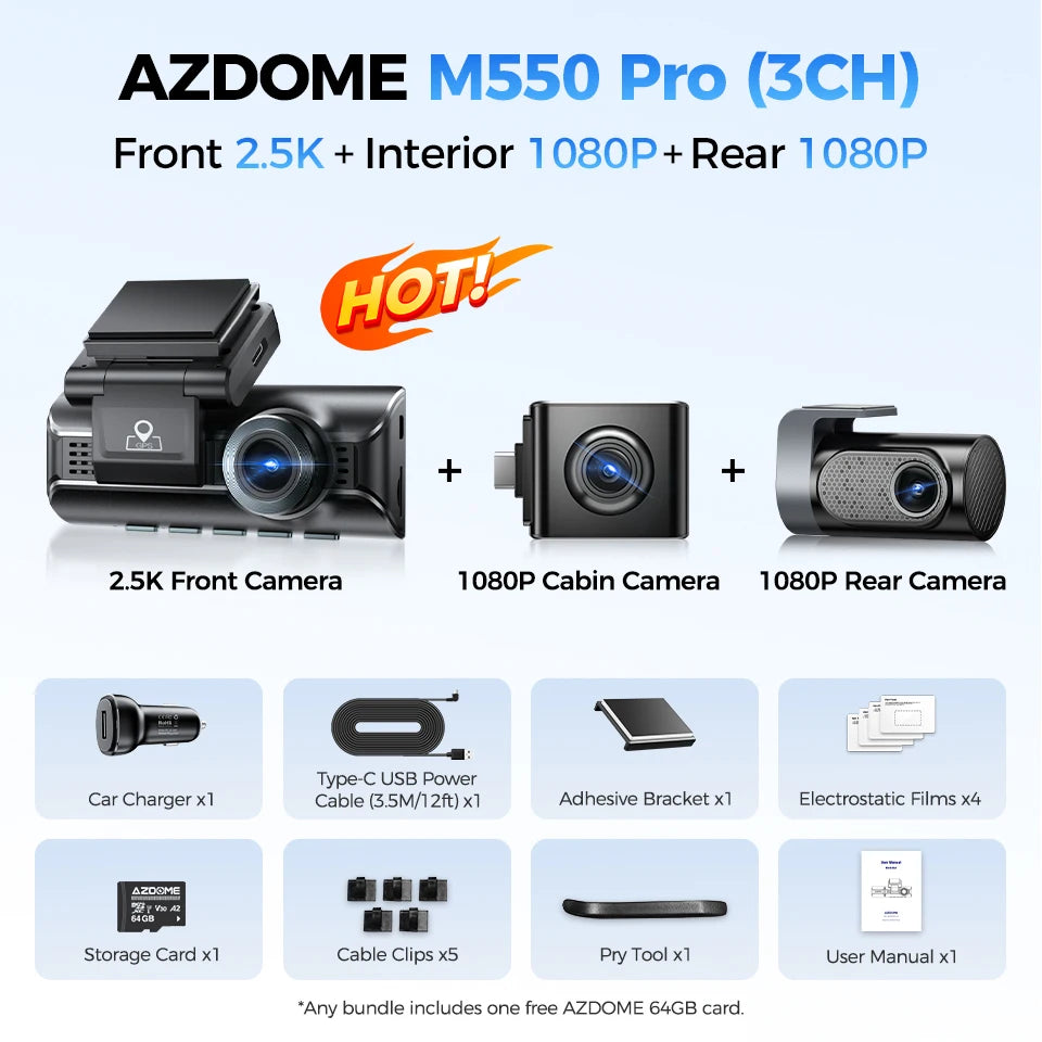 AZDOME M550 Pro 3-channel 4K dash cam with GPS and 5GHz WiFi
