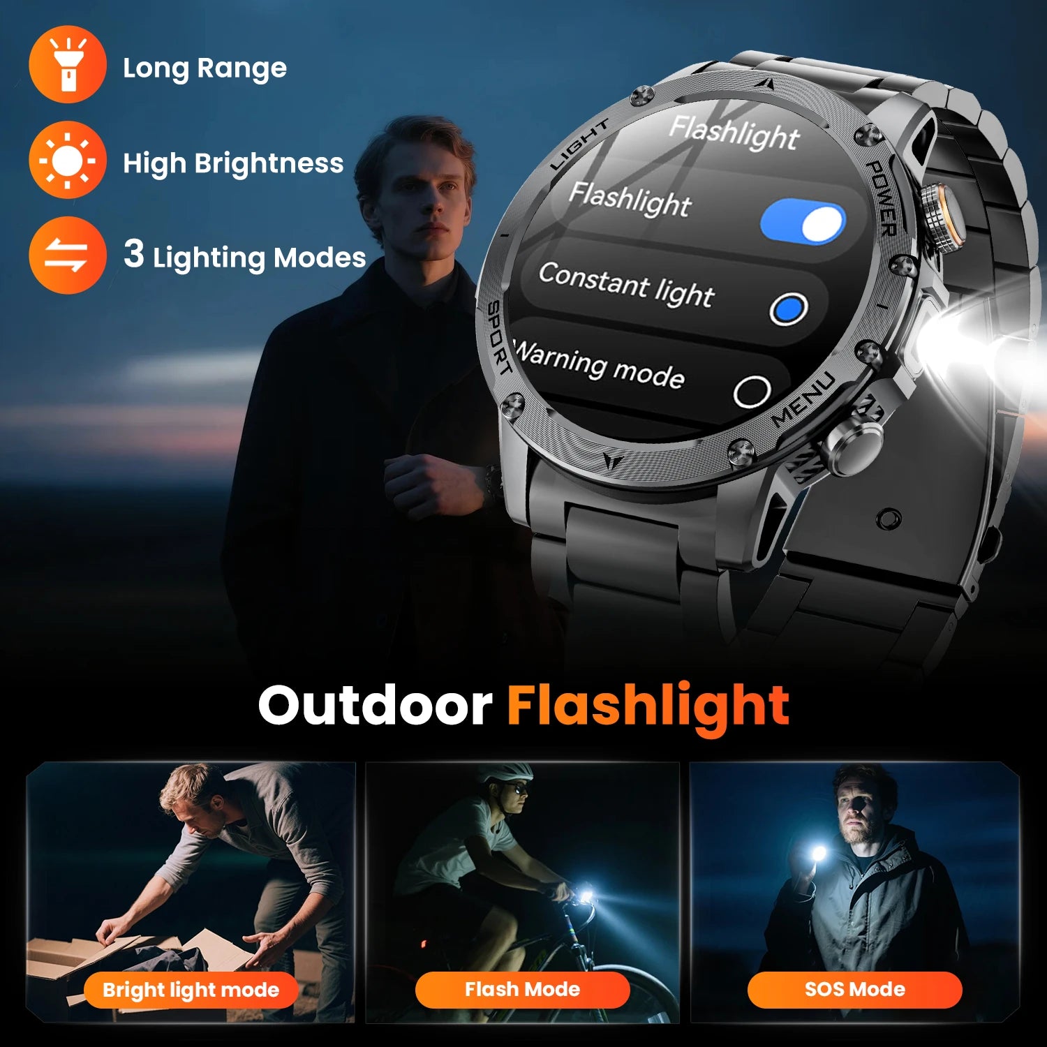 2026 Military Smart Watch Men 1.7" HD Screen 1000Mah 100+ Sport Modes Bluetooth Call Flashlight 24H Health Monitor Waterproof Smartwatch