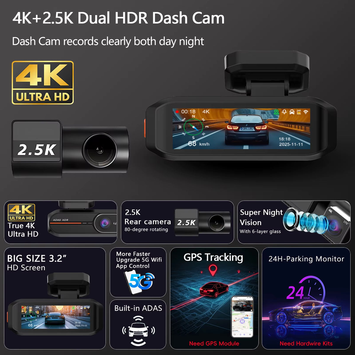 4K dash cam with optional 2.5K rear camera and WiFi app