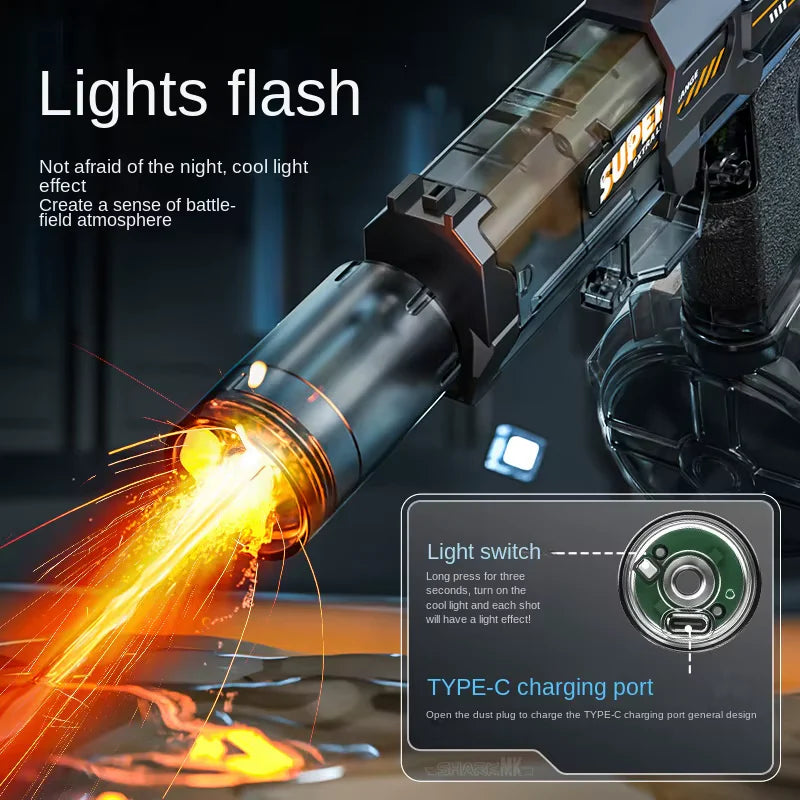 Electric Water Gun with Light Sprays Flame Effect Continuously High-Pressure Powerful Outdoor Water Gun Toys Pistolet Na Wode