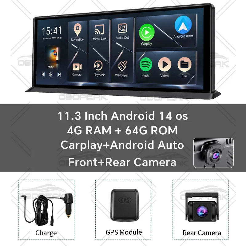 OBDPEAK K60 Pro 11.3-inch wireless CarPlay and Android Auto screen with dash cam