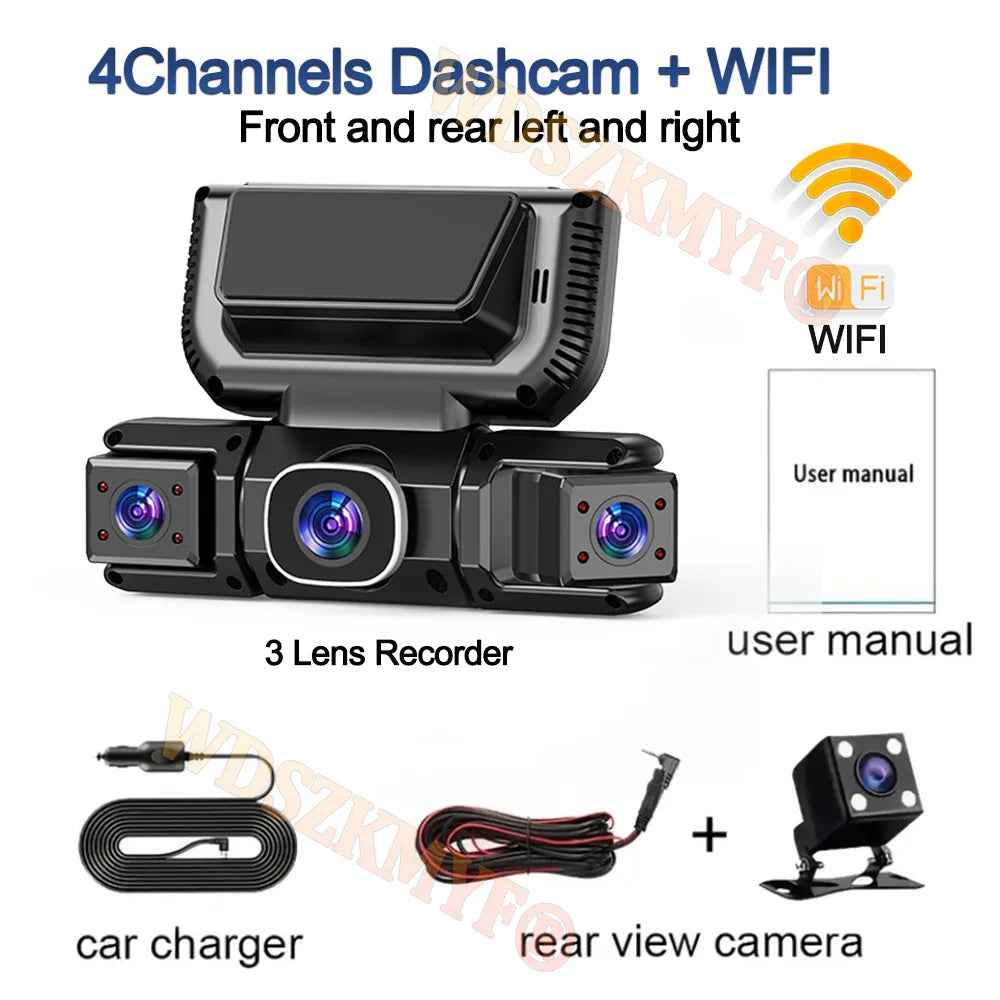 4-channel 360-degree dash cam with front, rear and side cameras