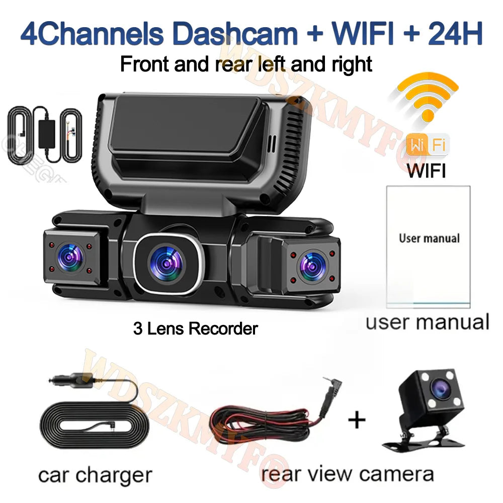4-channel 360-degree dash cam with front, rear and side cameras