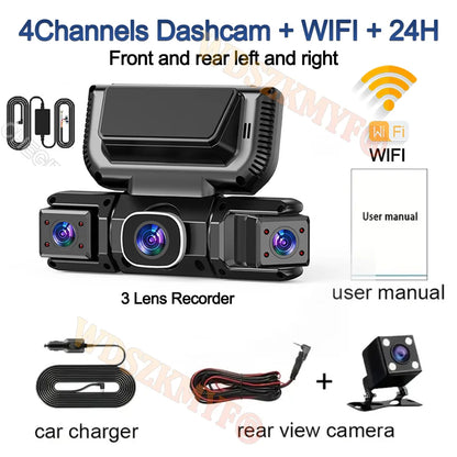 4-channel 360-degree dash cam with front, rear and side cameras