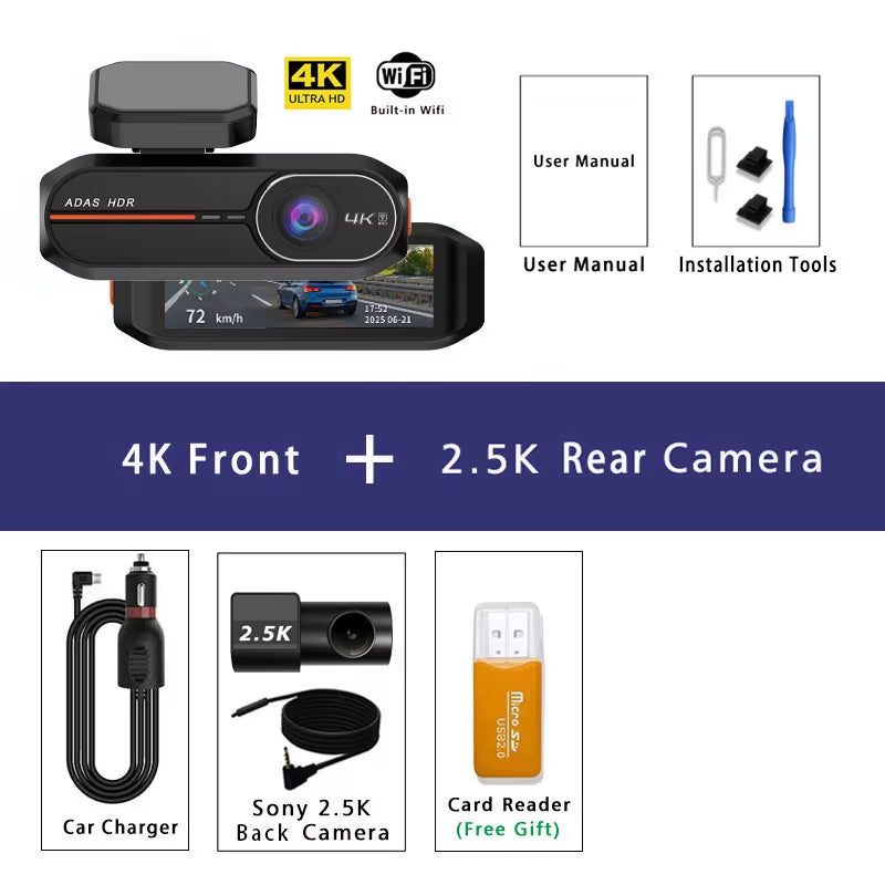 4K dash cam with optional 2.5K rear camera and WiFi app