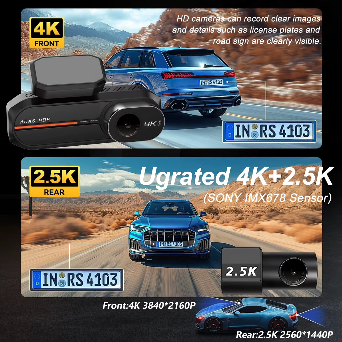 4K dash cam with optional 2.5K rear camera and WiFi app