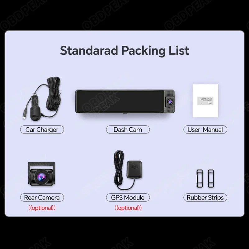 OBDPEAK H330 3-channel mirror dash cam with infrared cabin camera