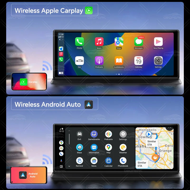 OBDPEAK K60 Pro 11.3-inch wireless CarPlay and Android Auto screen with dash cam