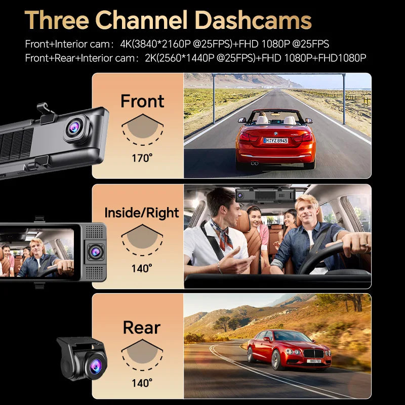 OBDPEAK H330 3-channel mirror dash cam with infrared cabin camera