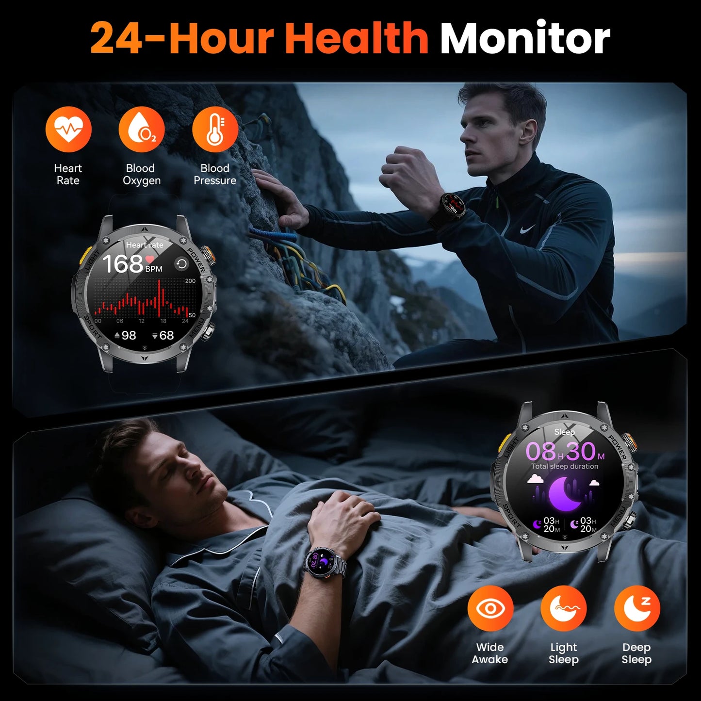 2026 Military Smart Watch Men 1.7" HD Screen 1000Mah 100+ Sport Modes Bluetooth Call Flashlight 24H Health Monitor Waterproof Smartwatch