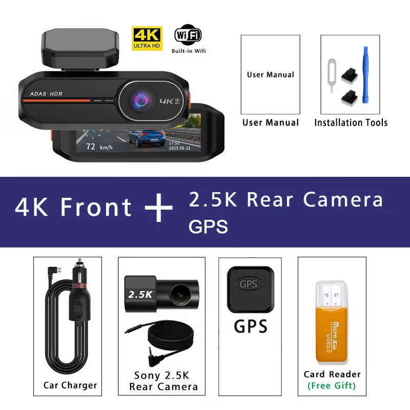 4K dash cam with optional 2.5K rear camera and WiFi app